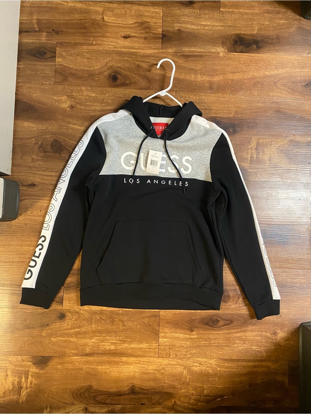 GUESS Los Angeles Black & Gray Pullover Hoodie with Contrast Sleeve Stripes